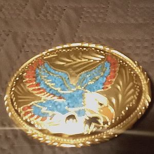 Vintage turquoise and coral Navajo belt buckle